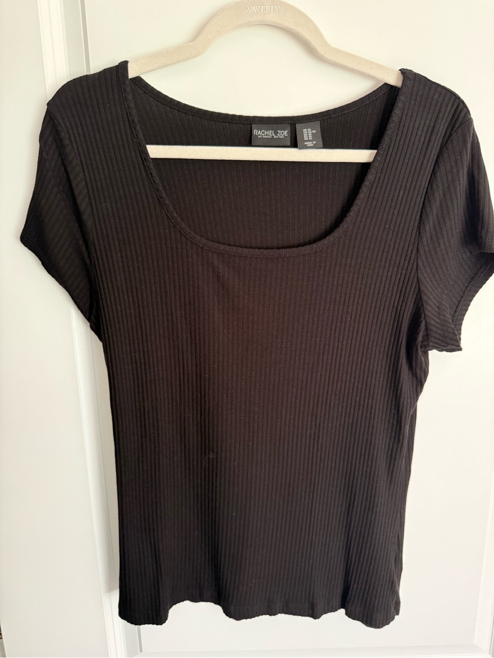 Rachel Zoe Black Ribbed Short Sleeve Scoop Neck Tee